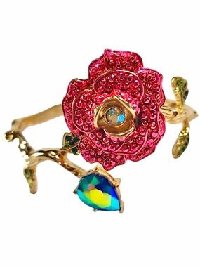 Betsey Johnson Rose Hinged Bangle Bracelet rhinestones NWT